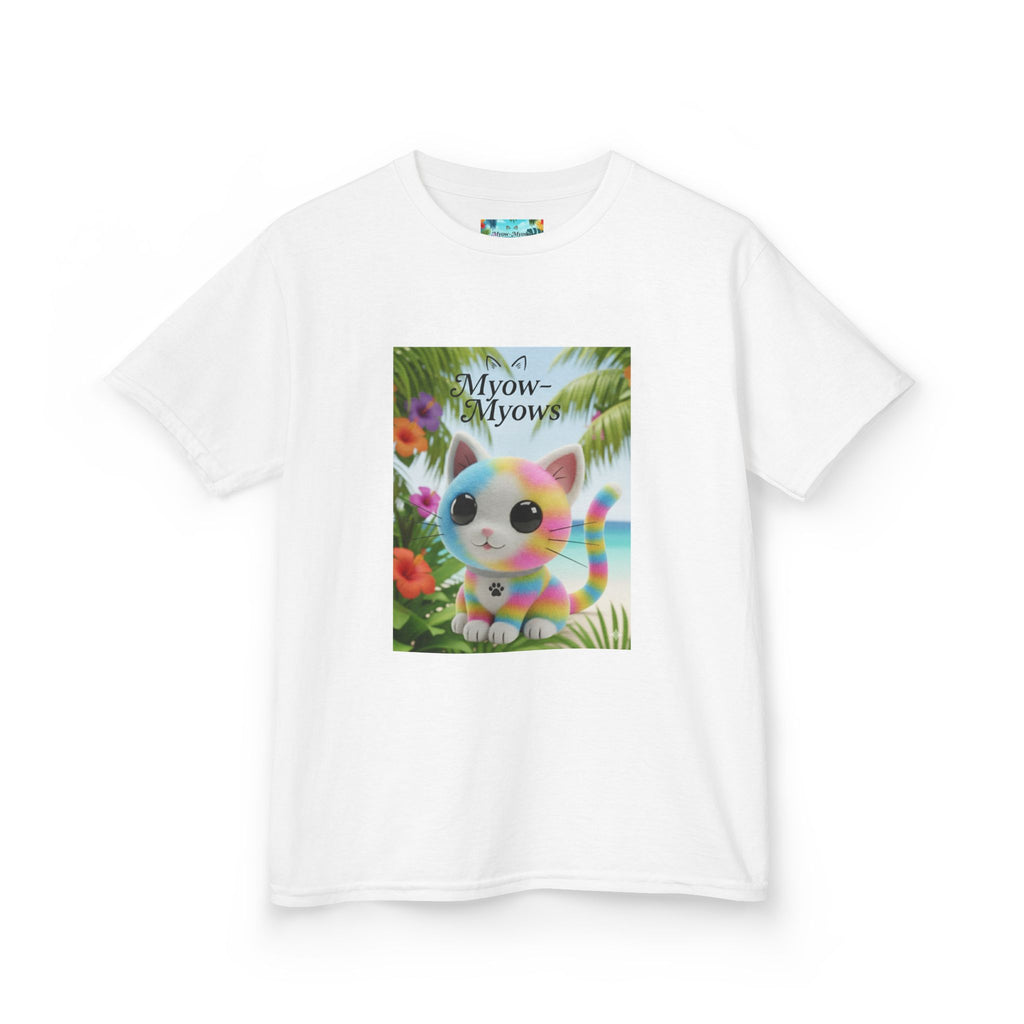 Kids Tropical Cat Tee, Cute Cat T-Shirt, Summer Fun Top, Birthday Gift for Kids, Animal Lover Kidswear